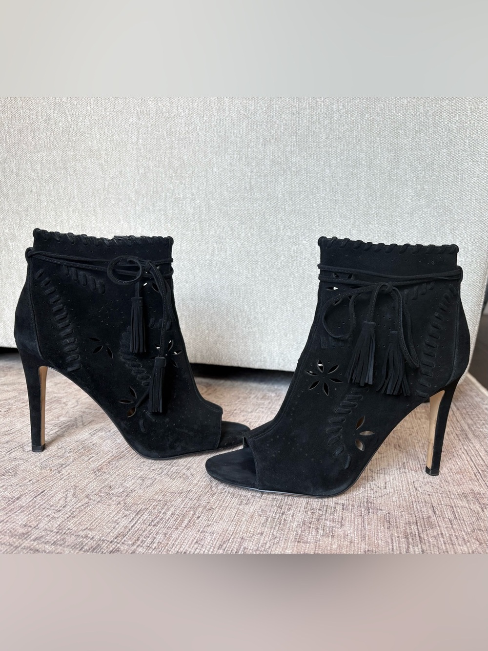 Black Suede Peep-Toe Tassel Ankle Booties